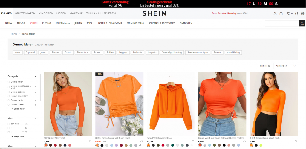 Shein producten pagina